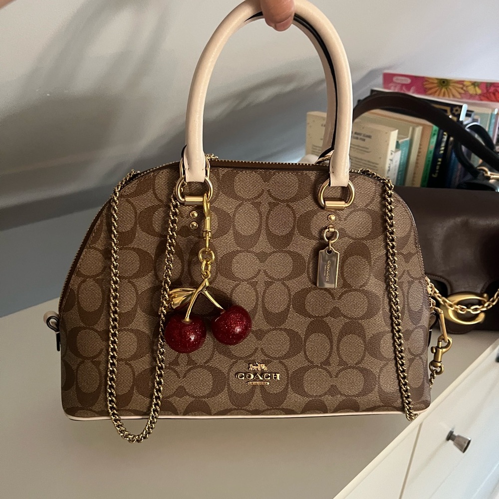 SOLD- Coach Tan Signature Satchel with Cherry Charm